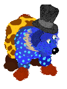 Odie the sheepdog. He wears a top hat, blue polka dotted shirt, and clown pants.