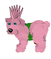Pinkie, the sheepdog. She's wearing a princess crown, and her middle is painted green.