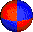 A red and blue checkered ball