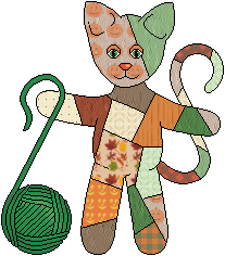 Kitty with autumn leaves and pumpkin patterns, and yarn